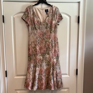 Adrianna Papell Textured Floral Midi Dress in Pink and Green